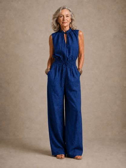 ZENAIDE | CAMEL WIDE-LEG JUMPSUIT WITH TIE HIGH NECKLINE