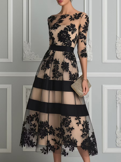 Elegant Black Lace Midi A-Line Dress