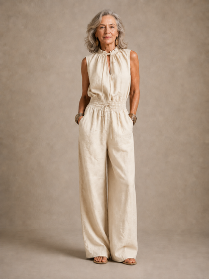 ZENAIDE | CAMEL WIDE-LEG JUMPSUIT WITH TIE HIGH NECKLINE