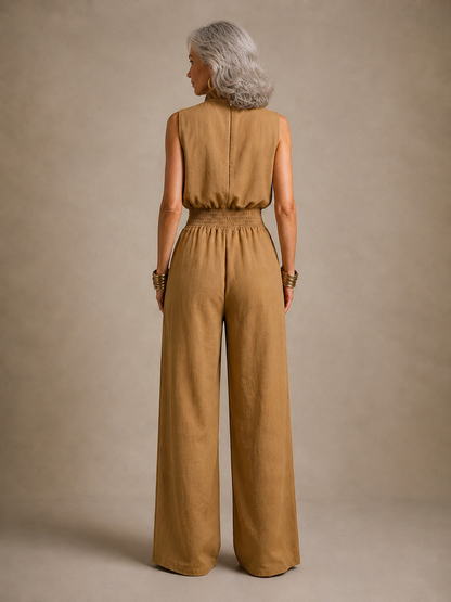 ZENAIDE | CAMEL WIDE-LEG JUMPSUIT WITH TIE HIGH NECKLINE